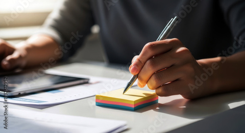 Person writing on colorful sticky notes with a pen
