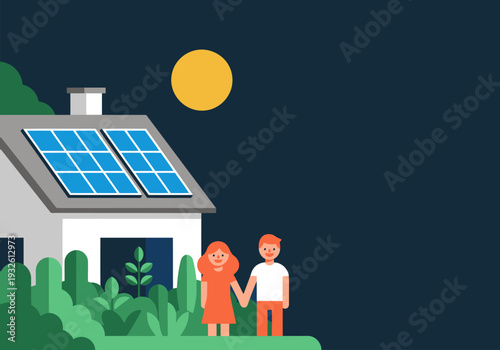 A happy couple stands before a sustainable home with solar panels under a moonlit sky.  A modern, eco-friendly design promotes a comfortable lifestyle.
