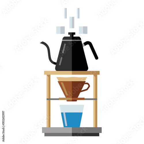 Illustrates a pour-over coffee setup with a kettle, dripper, and cup. Clean, modern graphic style. Perfect for coffee-related content.