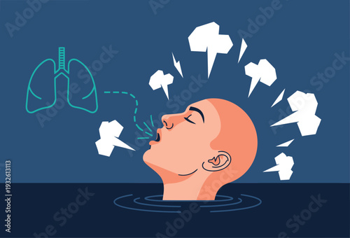 A man struggles to breathe underwater, representing anxiety and recovery. Dramatic illustration with a focus on mental health and athlete rehabilitation. Bold colors and dynamic composition.