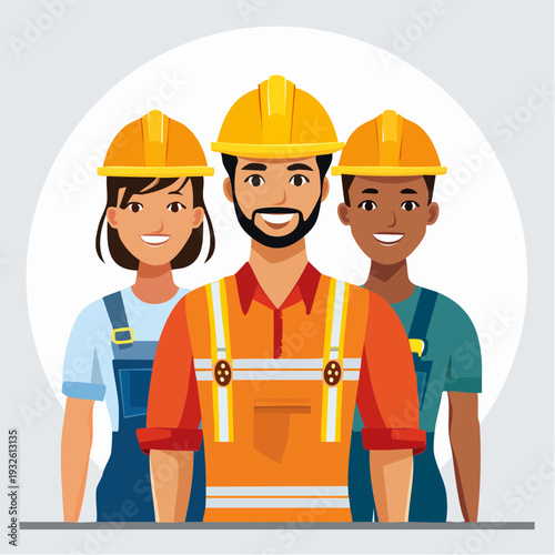 Diverse group of construction workers wearing hard hats and safety gear.