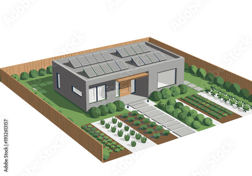 Modern bungalow showcases solar panels and a lush garden. A sustainable design with a focus on eco-friendly living. Ideal for lifestyle and environmental themes.