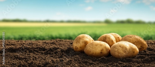 The Potatoes on Fresh Soil in a Sunny Rural Agricultural Field Landscape
