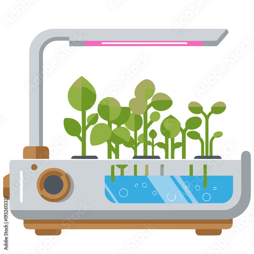 Modern hydroponic planter with grow lights showcases thriving seedlings. Clean, bright design ideal for lifestyle and tech visuals.