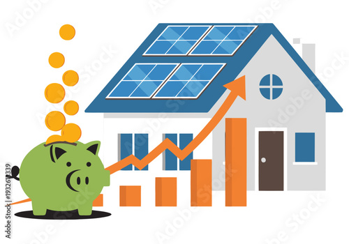A modern illustration showcases a house with solar panels, symbolizing energy savings. Money falls into a piggy bank, alongside a rising graph, highlighting financial benefits. Bright, clean design.