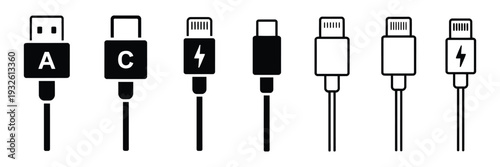 USB port flat vector design, computer and mobile charging connectors, type A socket, lightning plug, type C interface