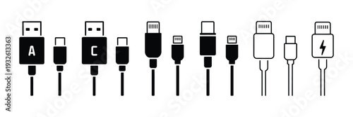USB port flat vector design, computer and mobile charging connectors, type A socket, lightning plug, type C interface