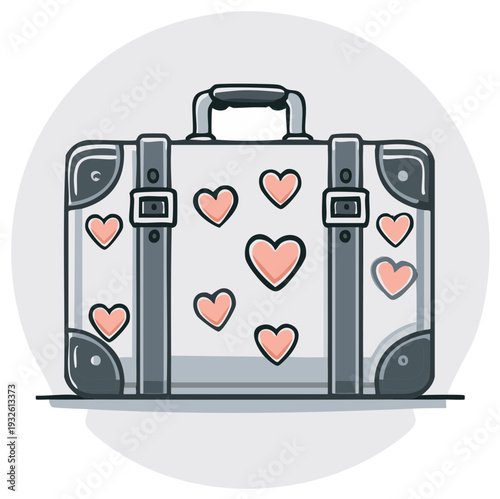 Whimsical suitcase adorned with charming heart stickers ready for a romantic journey