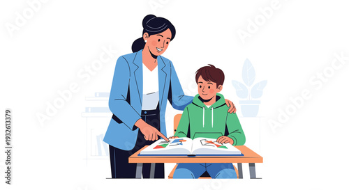 Vector illustration of a teacher and student at a desk