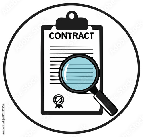 Contract document with magnifying glass icon in a circular frame.