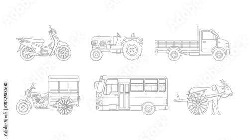 Transportation Lineup: A detailed outline showcases an array of vehicles from a motorbike to a cart, each representing distinct modes of transportation.
