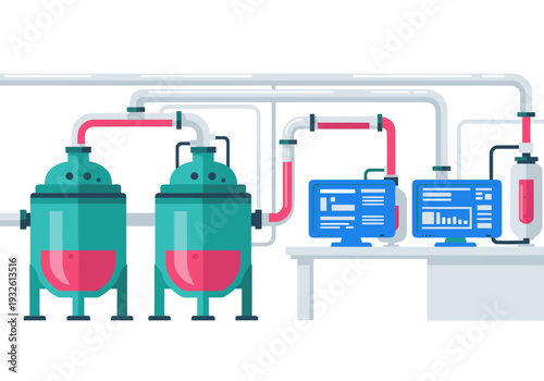 Modern lab scene showcases collagen fabric production. Industrial equipment and monitoring systems highlight a controlled manufacturing process. Clean, professional aesthetic.