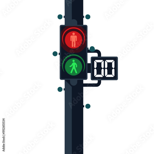A modern smart pedestrian signal displays a green walk icon, red stop icon, and a digital counter. Clean, graphic design. Ideal for technology and urban themes.