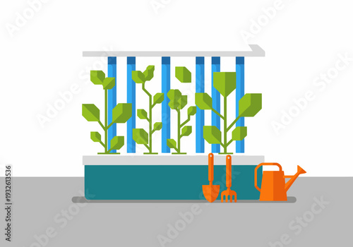 A modern self-watering hydroponic kit displays thriving plants.  Bright colors and a clean design showcase an easy, sustainable gardening solution. Perfect for lifestyle and educational visuals.