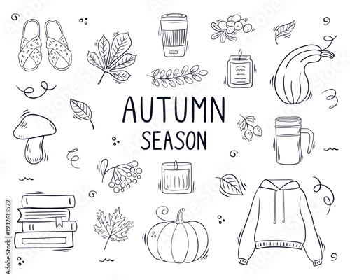Vector hand drawn autumn season doodle set. Cozy fall elements collection including pumpkin, leaves, coffee, candles, and warm clothes. Linear illustration for stickers and planners.