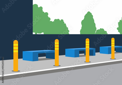 Modern street scene featuring bollards protecting street seating. Clean design, vibrant colors, and a clear composition ideal for commercial use.