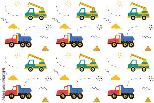 Seamless pattern with colorful construction trucks, cranes and dump trucks. Vector illustration for kids nursery wallpaper, textile fabric and wrapping paper design. Isolated on white