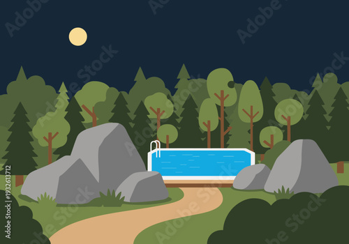 An outdoor plunge pool glows under a moonlit forest. A nature gym setting offers a serene, refreshing workout experience. Perfect for wellness and outdoor lifestyle visuals.
