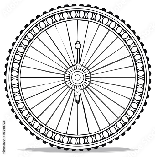 Detailed black and white illustration of an ancient ornate spoked wheel symbol