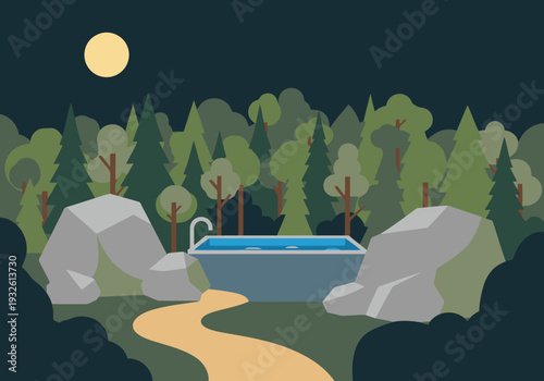 An outdoor plunge nature gym features a pool surrounded by rocks and trees under a full moon. A serene and inviting setting for wellness and fitness.