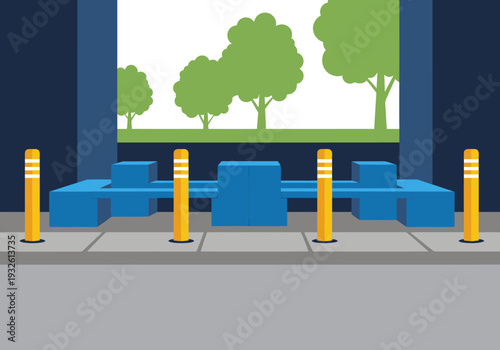 Modern street furniture scene featuring bollards, seating, and trees. A vibrant, illustrative design perfect for urban lifestyle or public space concepts.