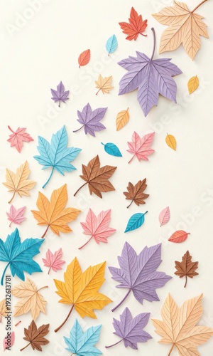 Whimsical arrangement of colorful paper leaves in autumn hues scattered on a light background, ideal for seasonal design and crafts.