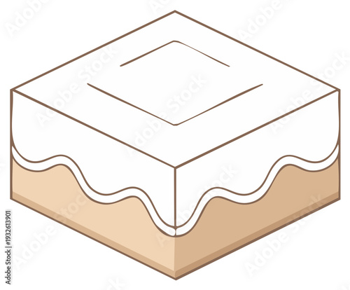 Simple cartoon depiction of a frosted cake slice with a brown base and white icing