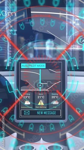 Vertical video: Dist dropping, tablet AR HUD scanning object, rings rotating, showing nav temps msg