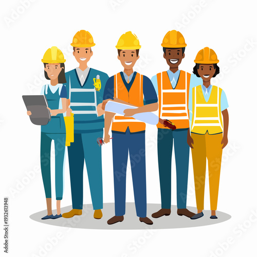 Diverse group of construction workers in hard hats and safety vests collaborating on a project.