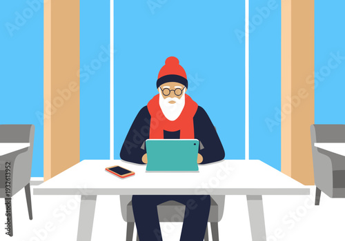 A senior man works on a tablet in a modern cafe, bundled in warm layers. Focused and productive, he embodies the digital nomad lifestyle.  Bright, clean, and inviting.