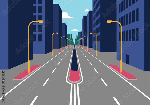 A serene cityscape view showcases a narrow lane with minimal traffic, evoking a sense of calm and order. Modern architecture and streetlights create a visually appealing composition.