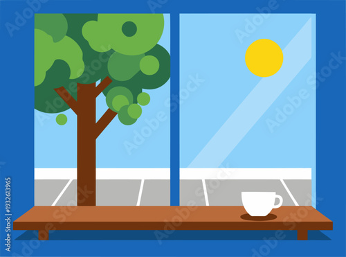 A serene urban caf? window view showcases a tree, sun, and cup, creating a peaceful and inviting scene. Perfect for lifestyle and business visuals.