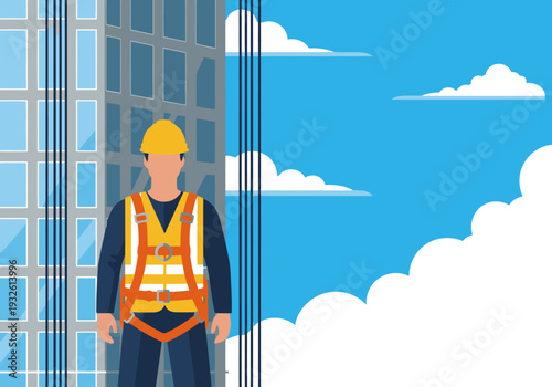A skyscraper worker in safety gear stands against a blue sky backdrop. Clear composition, vibrant colors, ideal for commercial use. Focus on safety and construction.