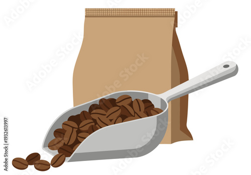 A silver scoop overflowing with coffee beans sits beside a brown bag. Focus on the beans and scoop. Clean, modern design. Perfect for coffee-related visuals.