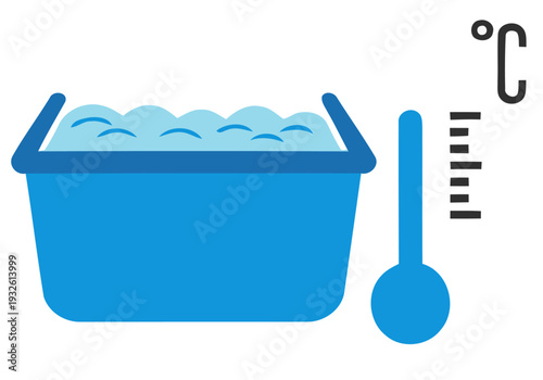 A set of icons depicting cold plunge therapy: a tub, thermometer, waves, checkmark, heart, and square. Modern, flat design for digital use.