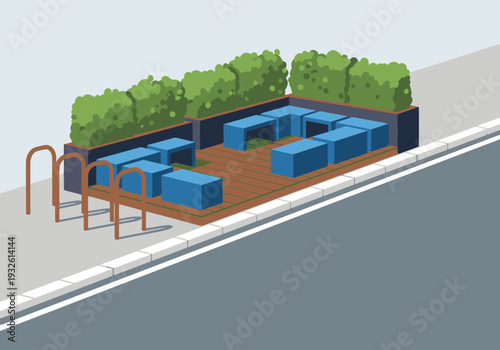 A stylish urban parklet features modern seating, greenery, and orange handrails. It?s a vibrant city life scene, perfect for showcasing outdoor relaxation and urban design.