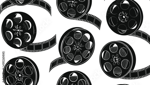 Seamless Pattern of Vintage Cinema Film Reels and 35mm Movie Strips in Black and White Silhouette Style for Retro Motion Picture Industry Design