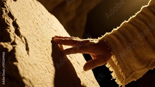 close up of jesus hand touching stone in tomb. risen christ wearing linen robe. easter resurrection concept. christian religion and bible story. church video, holiday background.