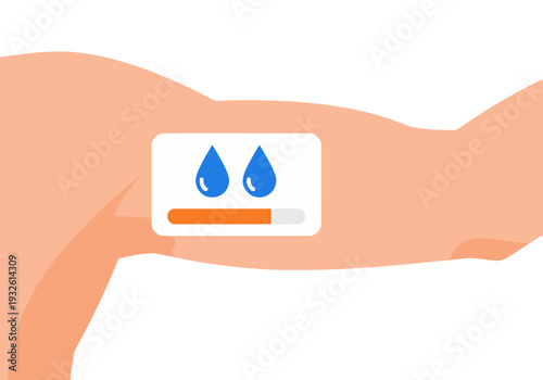 A stylized illustration showcases a hydration sensor patch on a forearm, displaying a hydration level indicator. Modern, clean design with a focus on health and wellness technology.