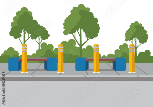 A stylized illustration showcases bollards protecting street seating with trees and benches. Modern urban design, vibrant colors, and a clear composition create a visually appealing scene.