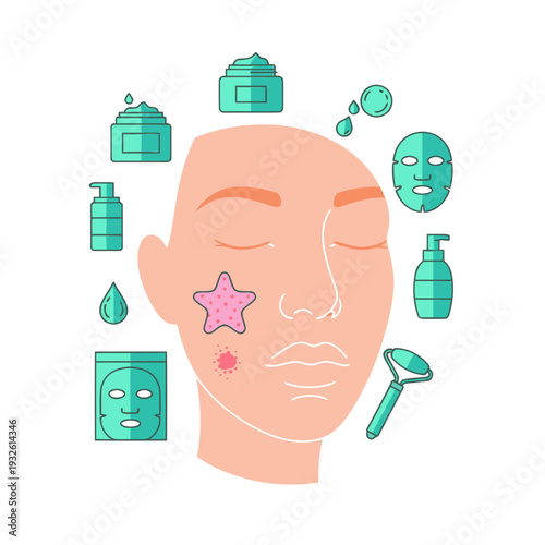 A stylized illustration showcases pimple patches and beauty care products targeting acne treatment. Clean, modern design with a focus on skincare solutions. Ideal for beauty marketing.