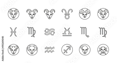 Zodiac signs collection in a line art style, perfect for astrology and horoscopes.