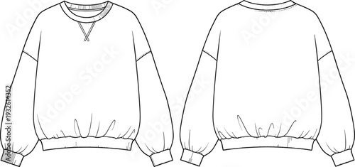 Oversized Crewneck Sweatshirt Technical CAD Drawing Flat Vector Illustration featuring Drop Shoulder Ribbed Trim and Front Back View for Fashion Design