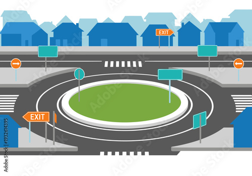 A stylized traffic circle illustration showcases a residential area exit. Clear signage and a modern design create a visually appealing and informative graphic.