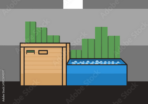 A stylized wellness center features a plunge sauna and a wooden box with water. Modern, graphic design, appealing composition, suitable for commercial use.