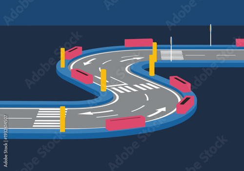 A stylized urban chicane street design showcases a curved road with colorful bollards and markings. Modern, graphic illustration for city planning or design projects.