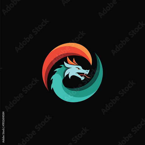 Stylized Dragon Head Logo Design with Swirling Elements.