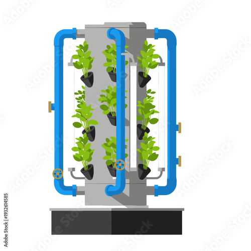 A vertical hydroponic herb garden showcases lush green plants within a modern, industrial-style structure. Clear pipes circulate nutrient solution, creating a visually appealing and efficient system.