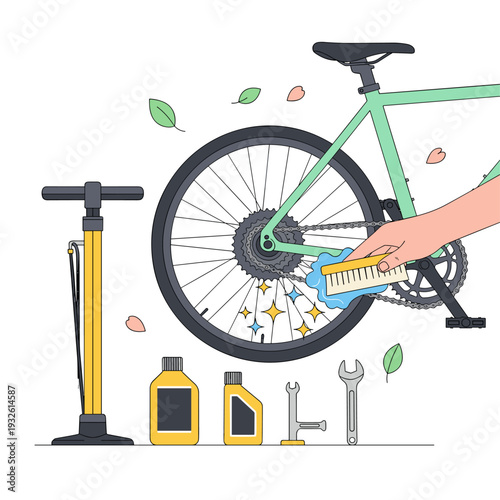 Flat Vector Bicycle Spring Tune Up Maintenance Illustration