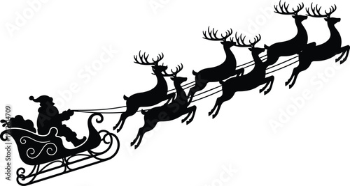Silhouette of Santa Claus in a flying sleigh pulled by a team of magical reindeer soaring through the sky for Christmas and holiday celebrations